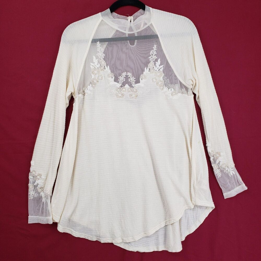 Free People Shirt Womens Medium Ivory Lace Mesh Yoke Long Sleeve Boho Thermal